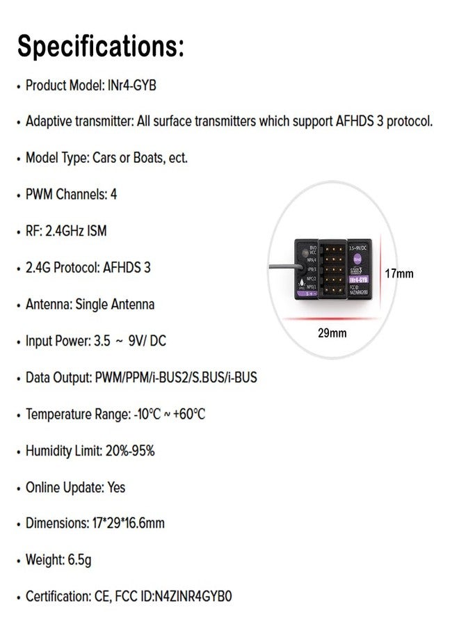 GoolRC Flysky INr4-GYB Receiver, 2.4GHz 4 Channels AFHDS 3 Receiver Single Antenna PWM/PPM/i-BUS2/S.Bus/i-Bus Data Output Compatible with Flysky Noble NB4+ NB4 Pro+ RC Transmitter for RC Car Boat - Image 5